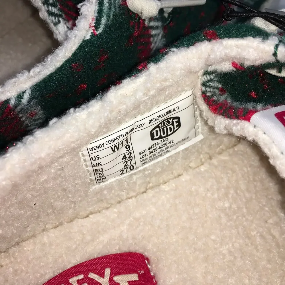 Hey Dude Wendy Confetti Plaid Cozy Loafer Womens 11 Red Green Christmas Shoe NWT